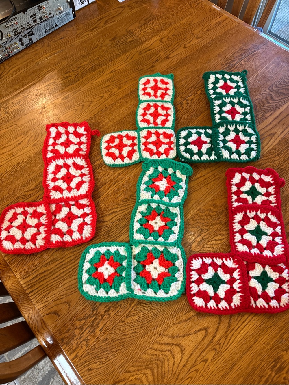 Handmade 5 Crochet Granny Square stockings in Red, Green, and White